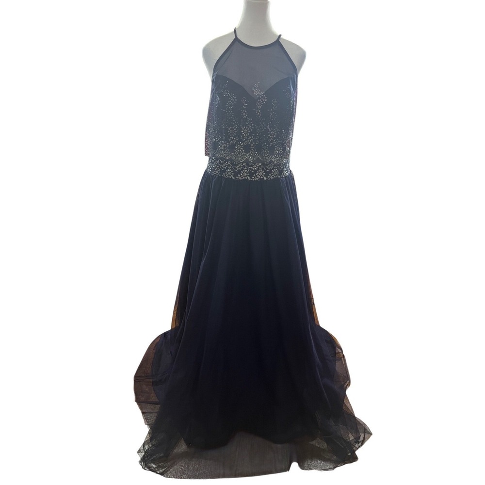 ❤️NWOT Social Code Navy Blue Beaded Halter Neck Tulle Skirt Formal Evening Gown